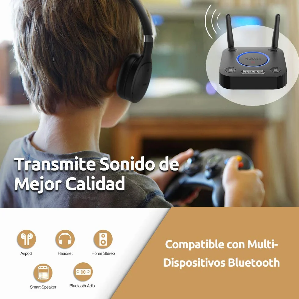 1Mii Trasmettitore Bluetooth 5.2 per TV a 2 Cuffie Bluetooth, Adattatore Audio Wireless TV con Controllo Volume, Ingresso Ottico, Coassiale, AUX, RCA, AptX Bassa Latenza, Lungo Raggio 60m