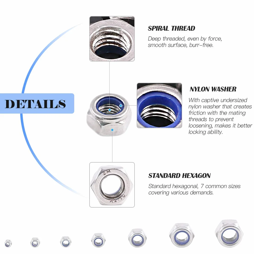 Glarks 175PCS metrica in acciaio INOX 304 dado di bloccaggio in nylon kit assortimento M3 M4 M5 M6 M8 M10 M12