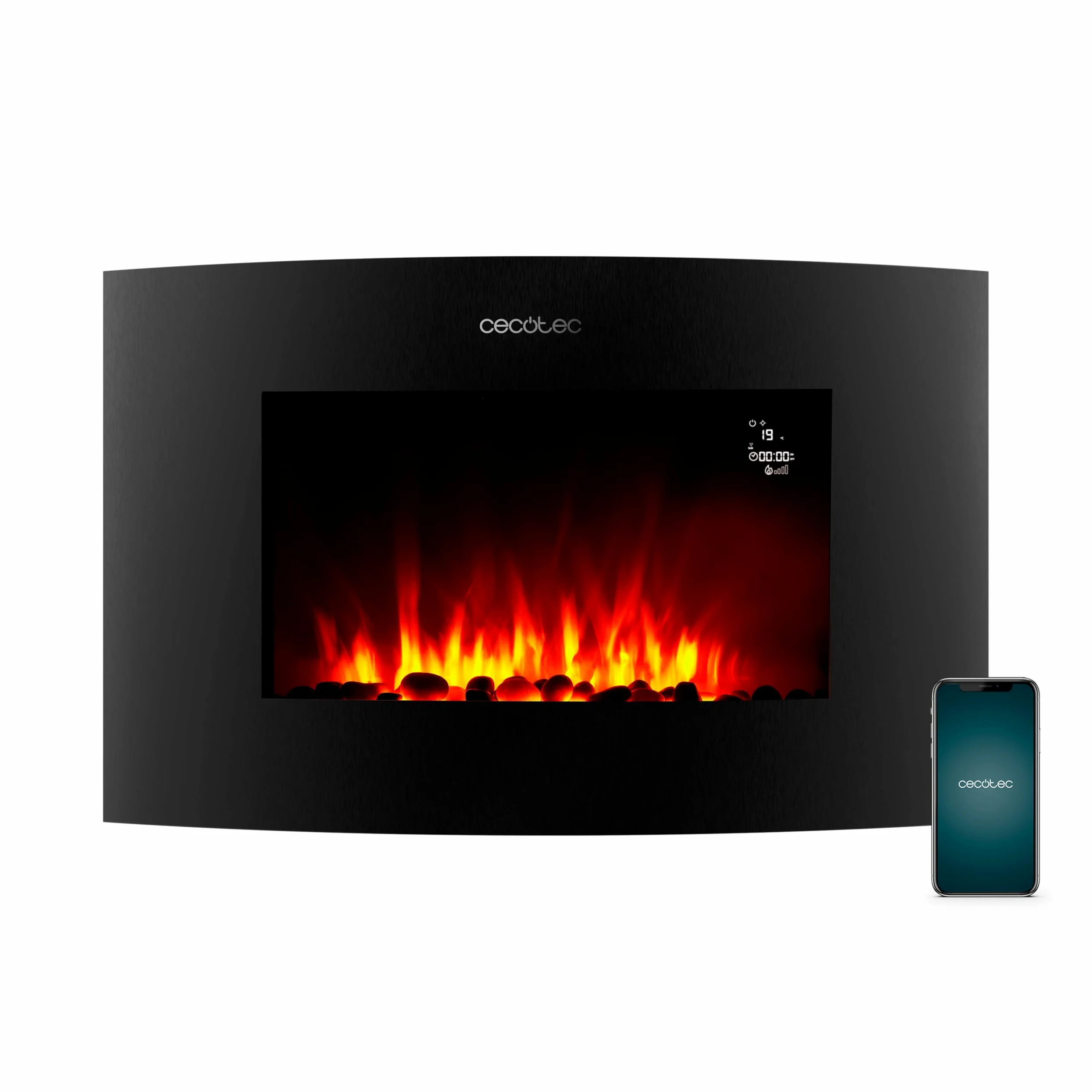 Cecotec Camino Elettrico Decorativo 35” con Telecomando e Wifi ReadyWarm 3560 Curved Flames Connected. Massima Potenza 2000W, 2 Intensità, Pannello Curvo Cristallo Temperato, Fiamma Regolabile, Timer