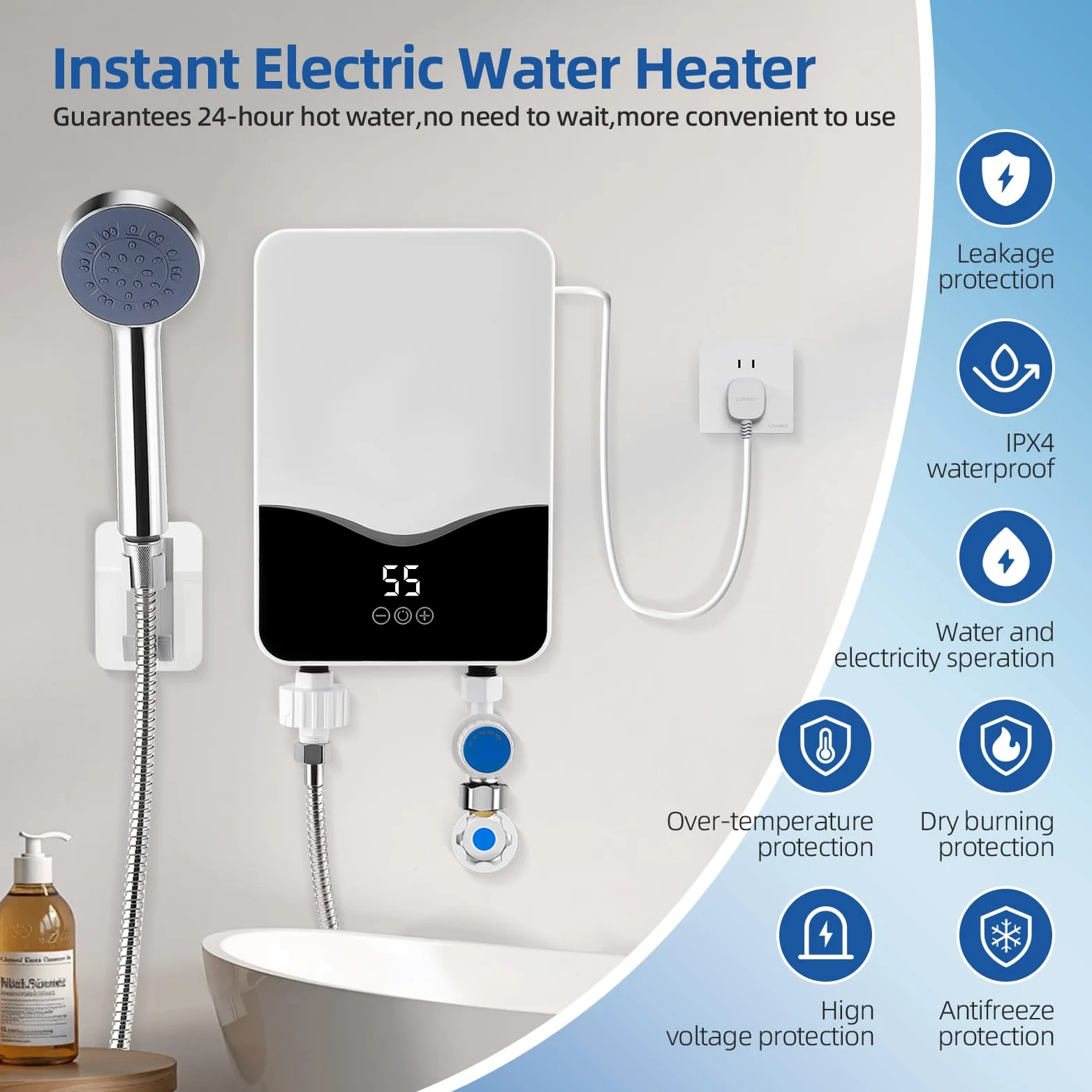 Scaldacqua istantanea, 5500 W, 220 V, scaldabagno elettrico senza serbatoio con LED, scaldabagno controllato elettronicamente per doccia, bagno, cucina [classe energetica A]