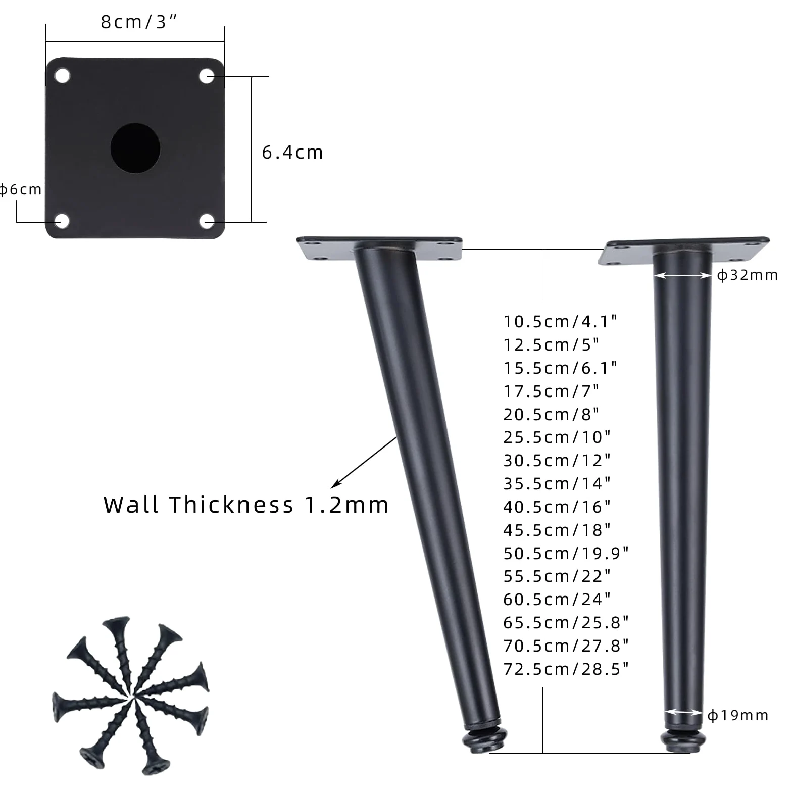 Piedini per Tavolo Conici Di Ricambio 4 Pezzi Piedini Regolabili per Tavolo Acciaio Laminato A Freddo Nero Vernice Spray Piedini per Divano Altezza: 10,5-72,5 cm Piedini per Mobile 50,5 cm/19,9"