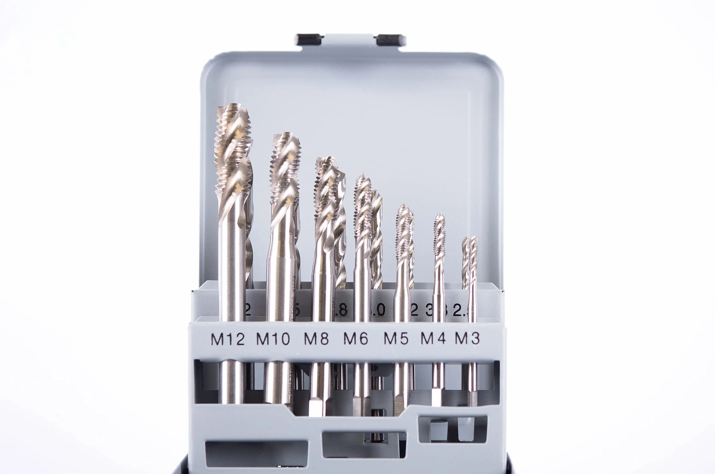 Set maschi filettati M3-M12 HSS-G 14 pezzi foro cieco forma C 35° spirale destra cassetta acciaio