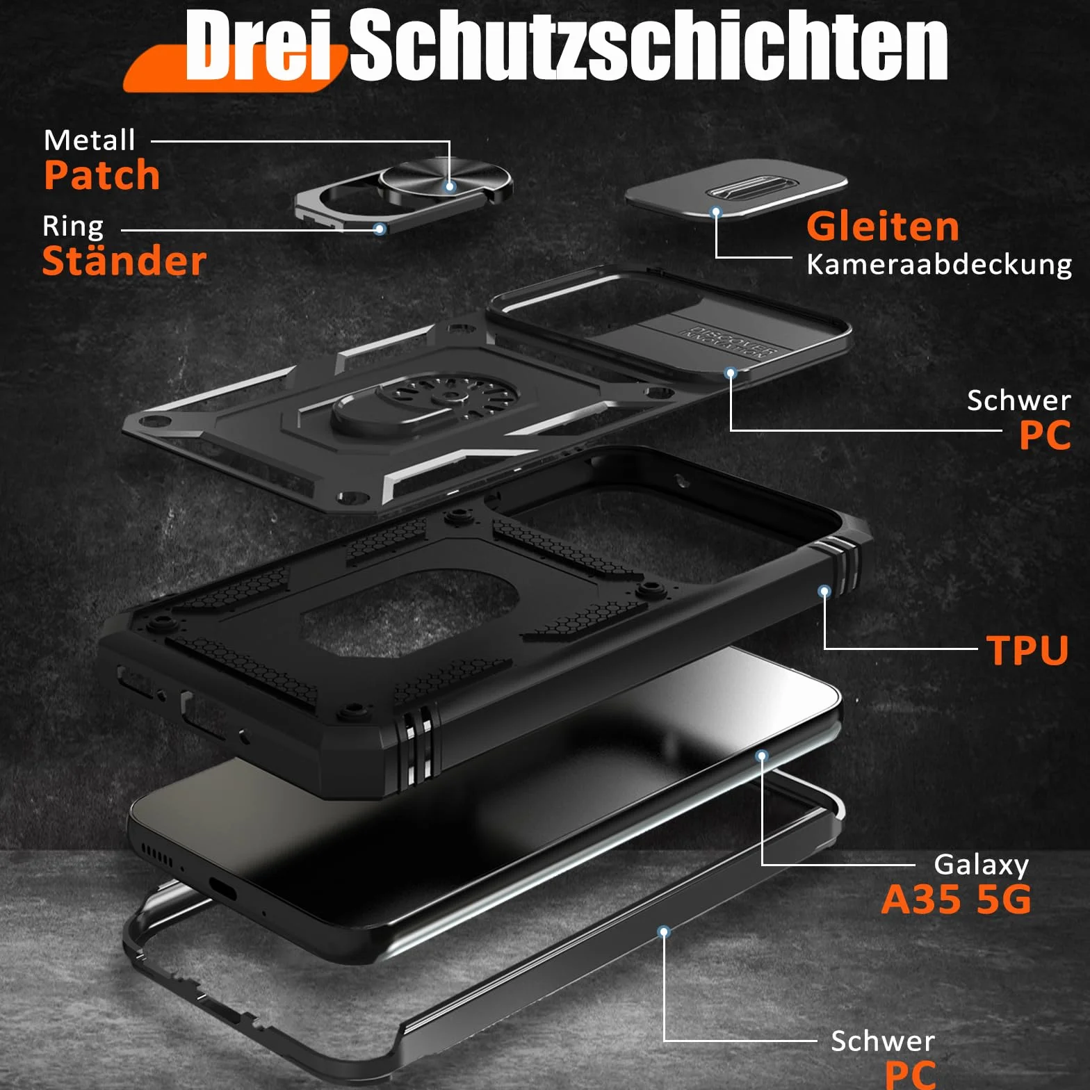 Giyer Cover per Samsung Galaxy A35 5G Custodia con Vetro Temperato, Antiurto Grado Militare 360° Anello Supporto Armor Bumper Case, Antiurto per Samsung A35 5G Cover (Nero)