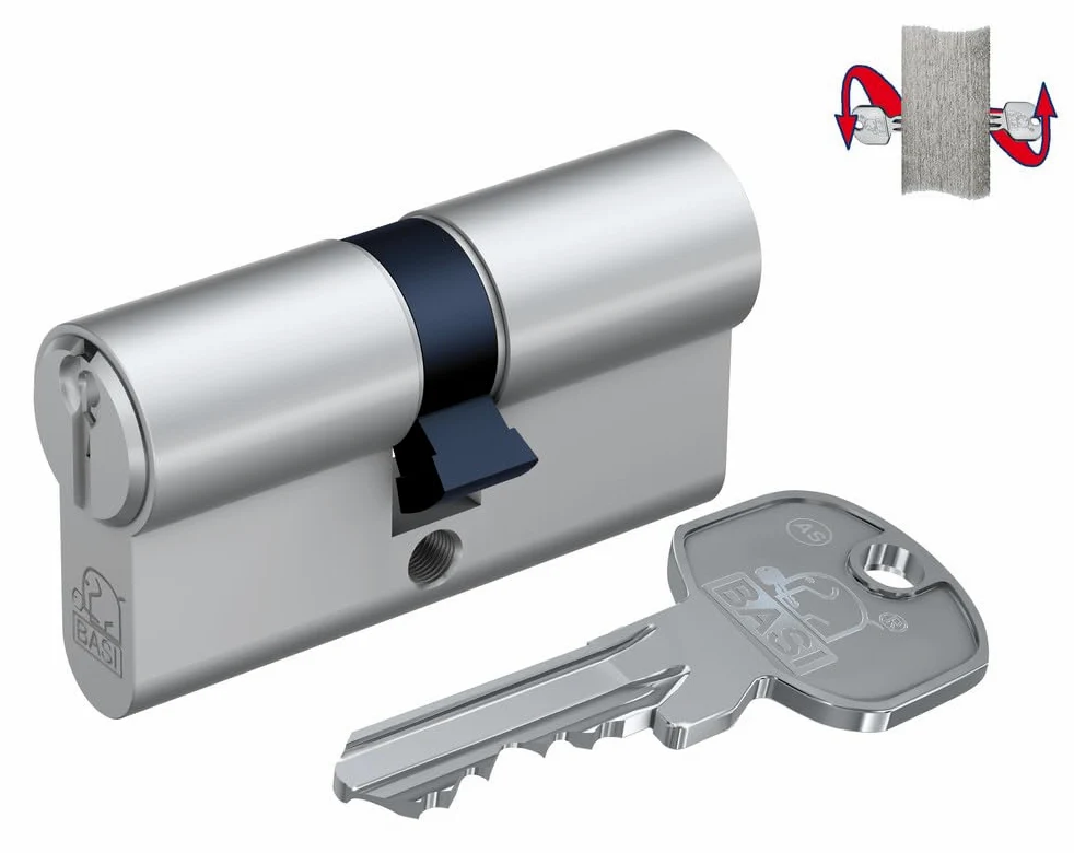 BASI AS – 40/60 mm doppio cilindro, GL, N+G, 3 chiavi a cilindro, 5 pin, protezione da fori, ottone opaco nichelato, testato secondo DIN 18252:2006-12.