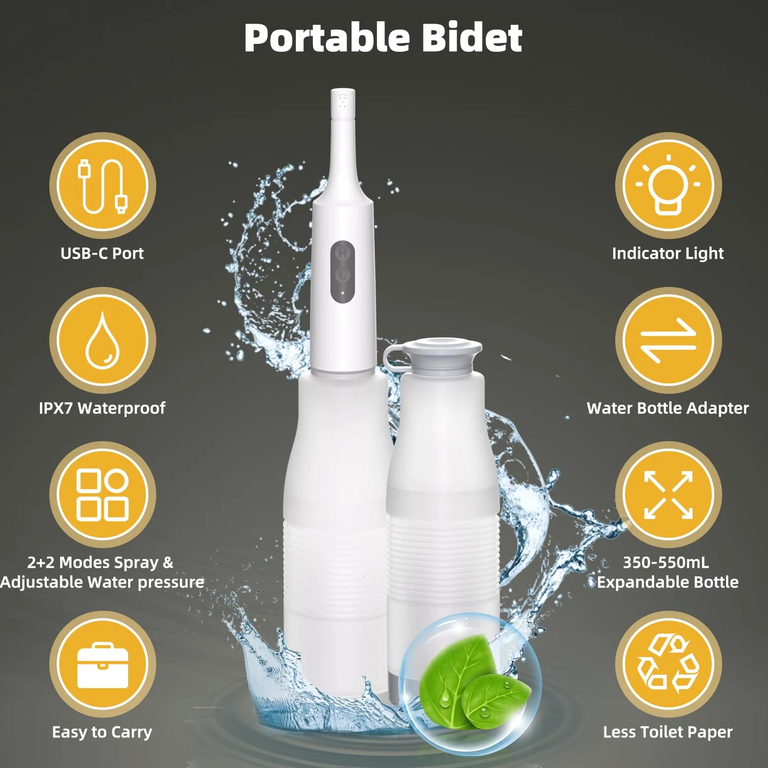Hibbent Bidet portatile da viaggio, spruzzatore elettrico portatile ad alta pressione, bottiglia espandibile da 350-550 ml per igiene personale, ricaricabile USB-C, impermeabile, bidet da viaggio per