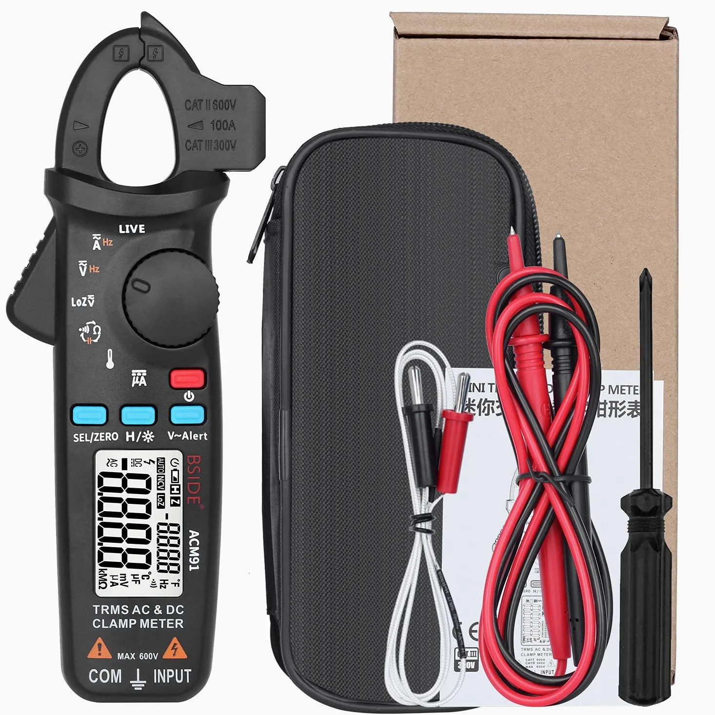 BSIDE ACM91 Pinza Amperometrica, Digitale Multimetro Range Automatico Tensione di corrente AC DC Resistenza Frequenza Capacitance Temperatura Tester NCV