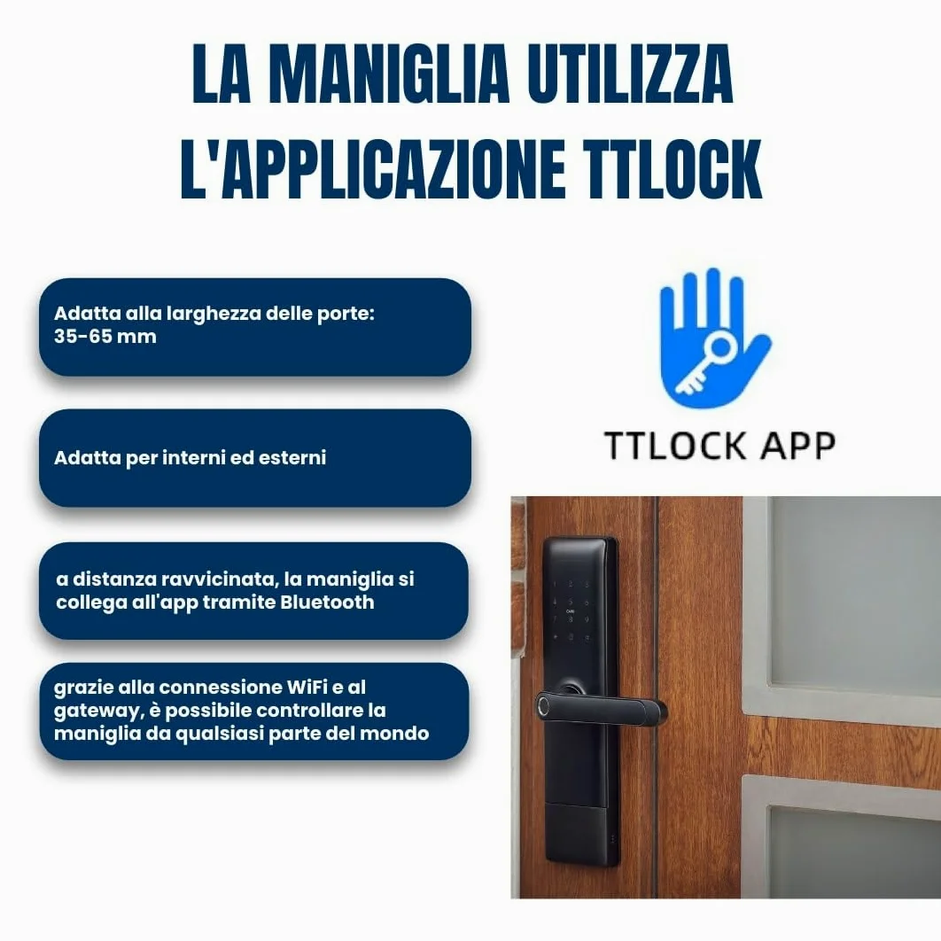 Serratura Smart con Maniglia Intelligente e Controllo via App TTLock – Apertura con Impronta Digitale, Codice o Smartphone – Serratura Elettrica con Cilindro per Porta Interna o Cancello Esterno