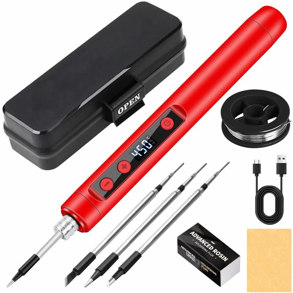 Saldatore a batteria USB con LCD 180℃-450℃, ferro portatile set con filo saldatura e 3 punte