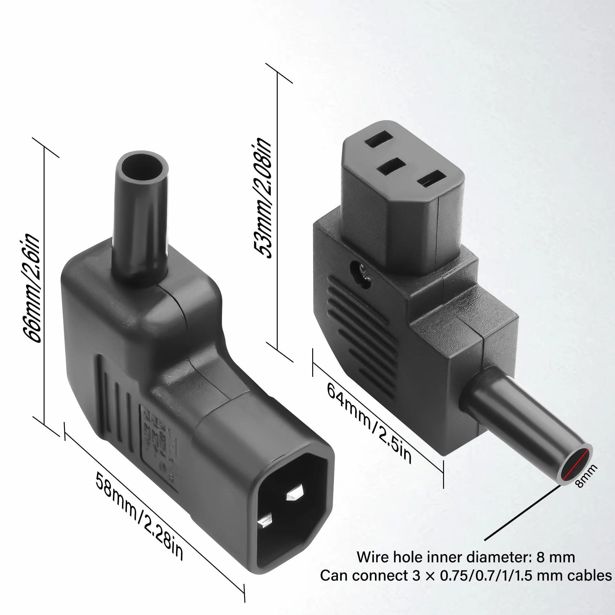 Adattatore di alimentazione a 3 poli IEC320 C13/C14, 90 gradi IEC320 C13/C14, 10 A/250 V C13/C14, adattatore rimovibile per computer, monitor, UPS (2 pezzi)