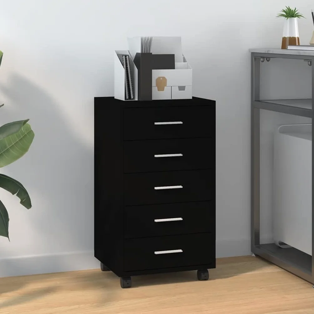 Cassettiera a rotelle nera, 33 x 38 x 63 cm, in legno, alluminio, 5 cassetti, flessibile, ufficio, studio, balcone, cameretta dei bambini