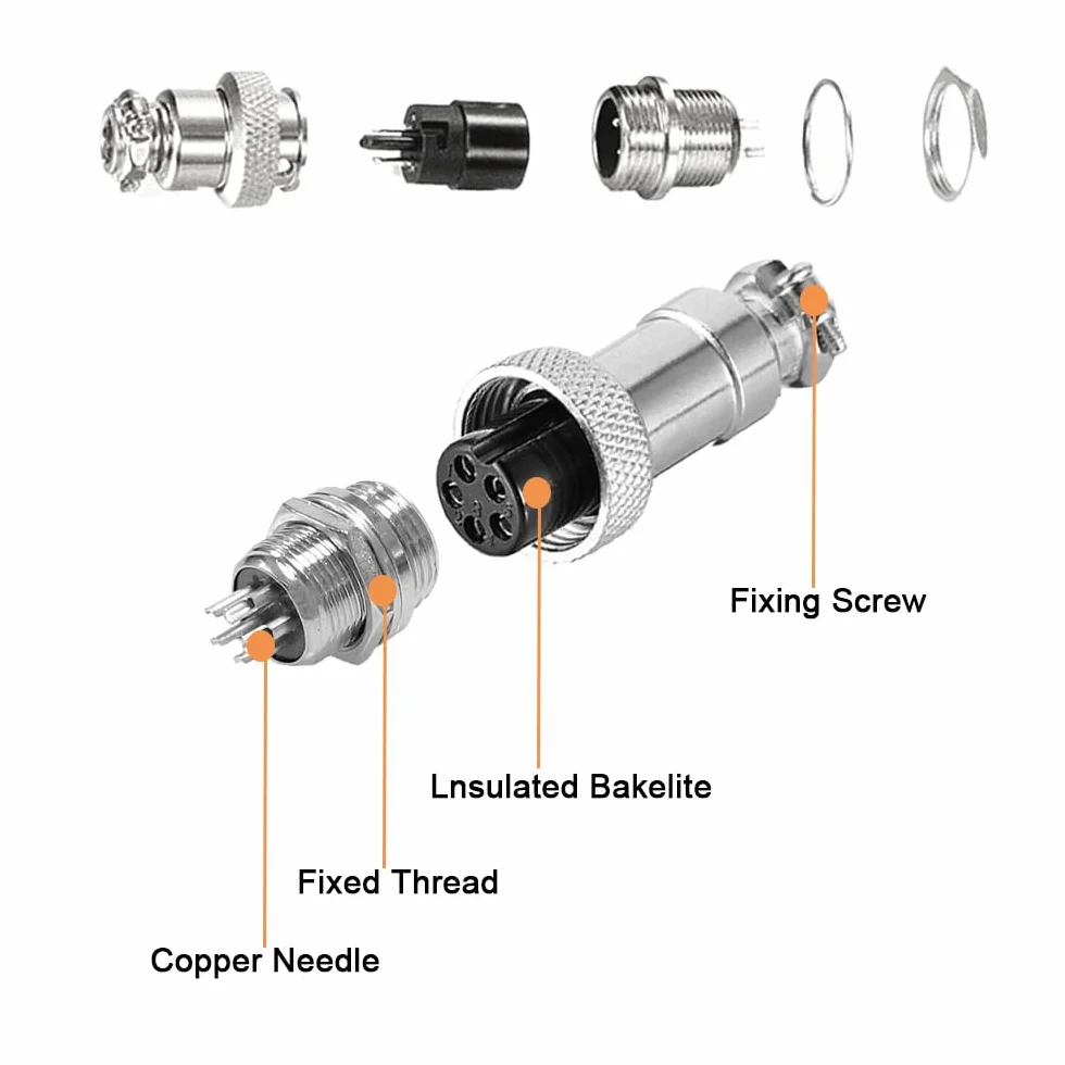 10 Pezzi GX12 Connettore Aviazione, 12 mm Connettore Aviazione Metallo, 5A Connettore Aviazione Maschio Femmina, con Cappuccio in Gomma (3 Pin/4 Pin/5 Pin/6 Pin/7 Pin)