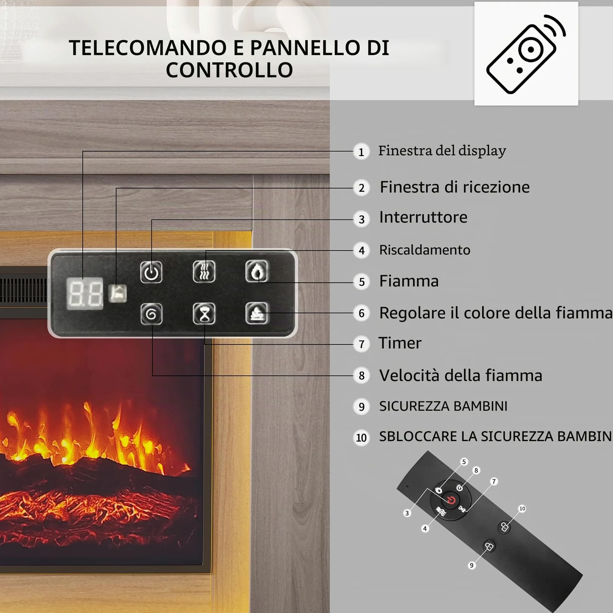 Camino elettrico da 40 cm con effetto LED 3D, effetto fiamma realistico con riscaldamento reagl, timer, striscia LED in 20 colori, telecomando (rovere)