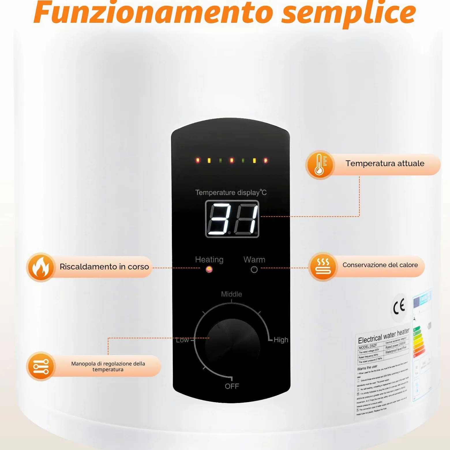 35L Scaldacqua Elettrico, Riscaldatore Istantaneo per Doccia, 2000W Boiler con Doccia & Rubinetto, Scaldacqua per Bagno & Cucina, Protezione IPX4, Bianco