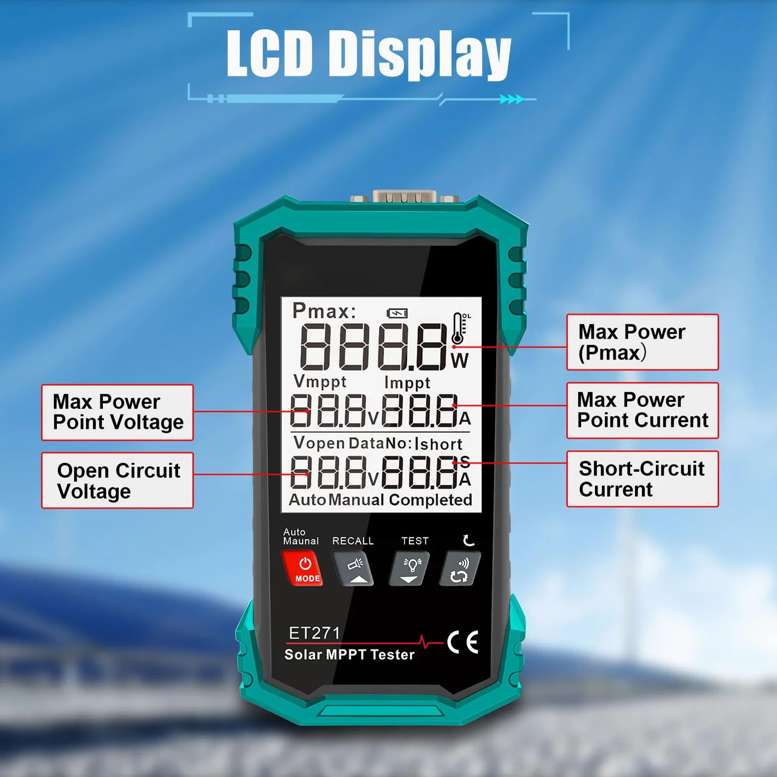 Ejoyous Tester per Pannelli Solari da 2000 W, Multimetro Fotovoltaico MPPT con Display LCD per Tensione a Circuito Aperto e Rilevamento Guasti nei Sistemi Solari