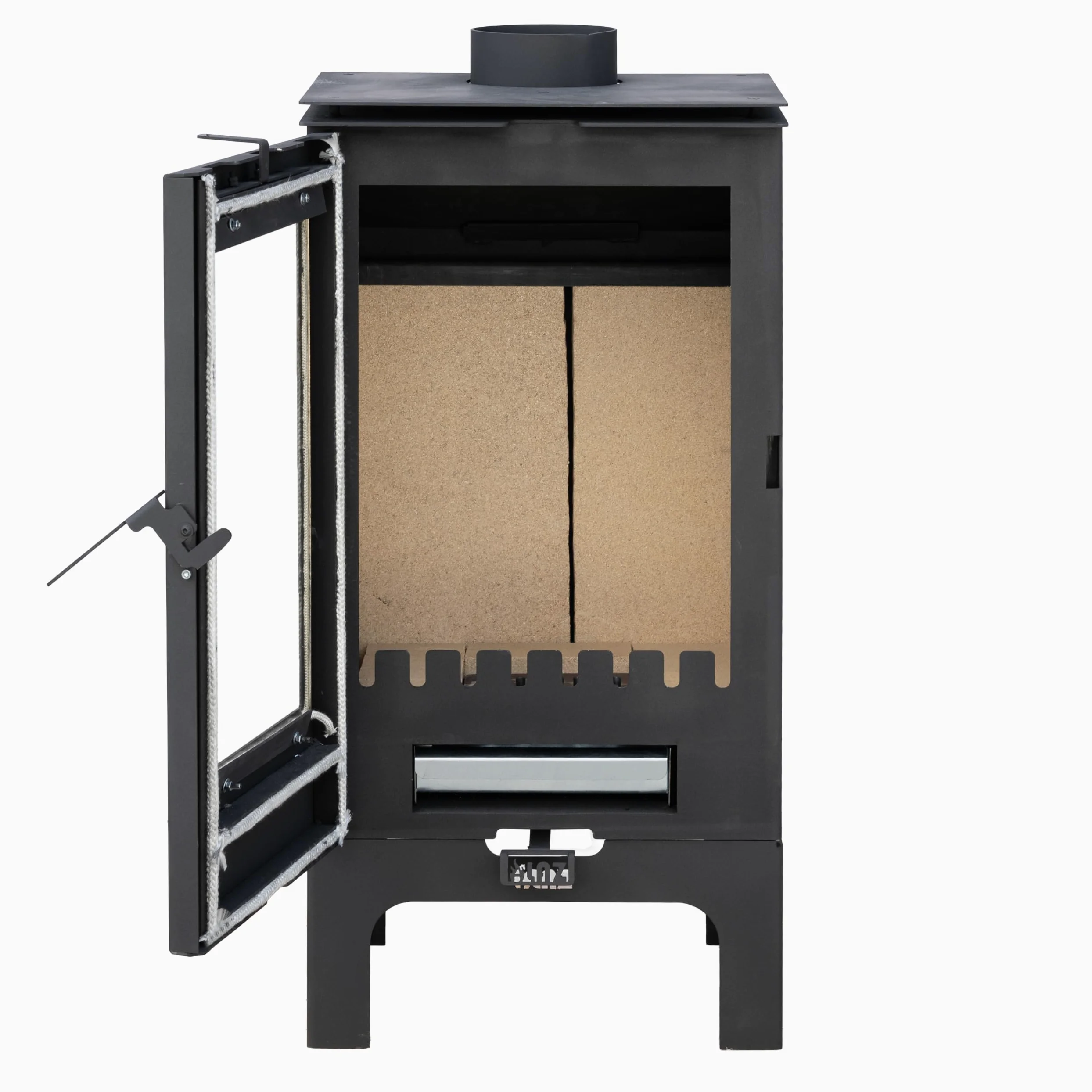 ALAZ K8M-L stufa a legna da 6 kW, colore nero, camera di combustione con refrattario, grande finestra e vano cenere, per tronchi fino a 50 cm, classe di efficienza energetica A