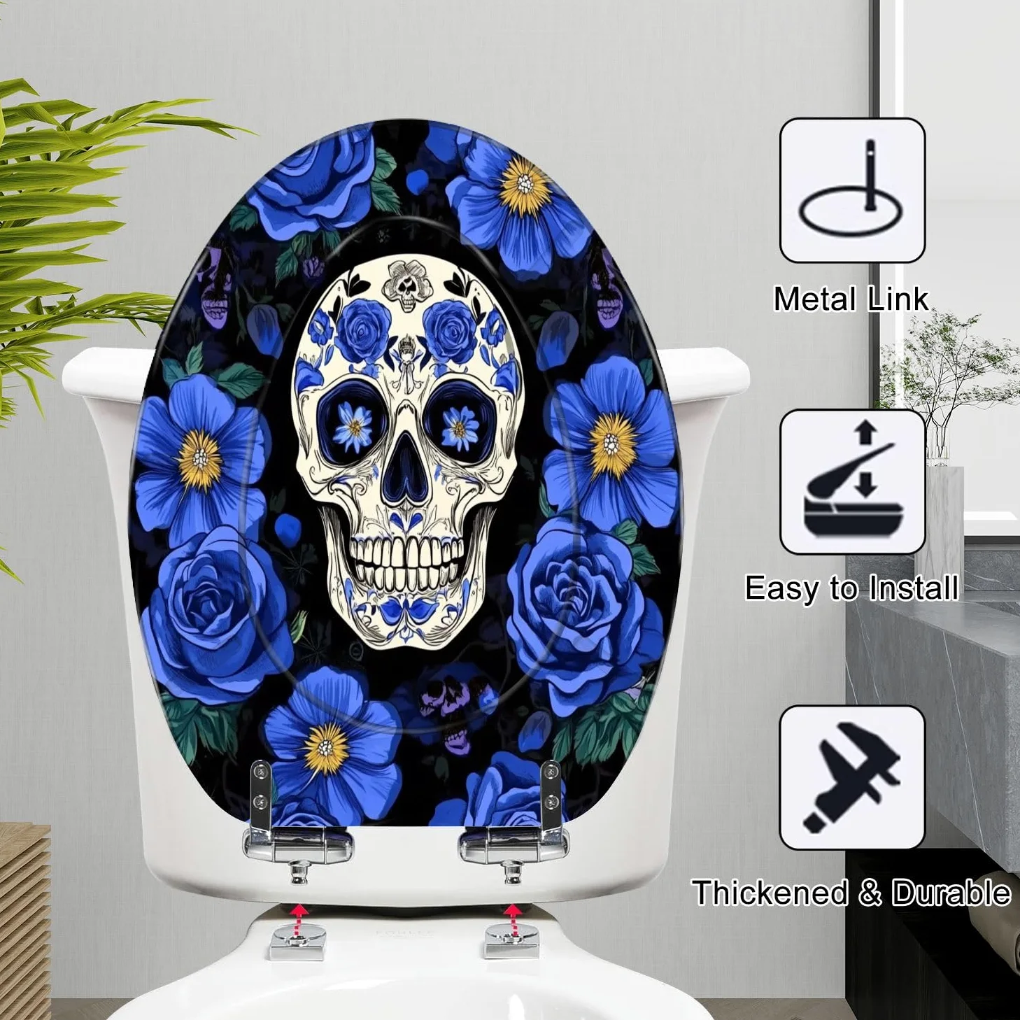 Copriwater Allungato Decorativo In Resina con Teschi Di Zucchero E Fiori Blu, Motivo Nero Senza Cuciture, Chiusura Lenta E Silenziosa, Cerniere A Sgancio Rapido, Facile Da Pulire E Installar