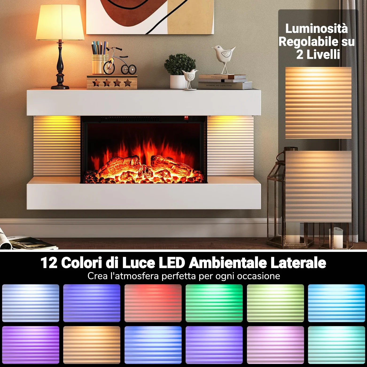 COSTWAY Camino Elettrico, 750W/1500W Caminetto con Luci LED, Telecomando, 12 Colori di Fiamma, Timer 8H Mensola Galleggiante e Protezione Surriscaldamento