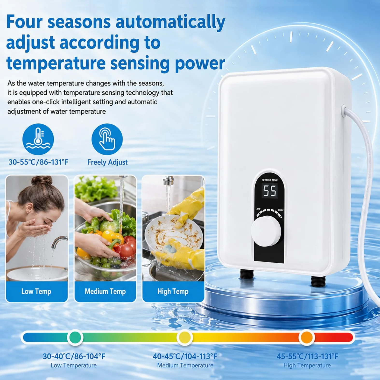 Scaldacqua istantaneo, 6000 W, mini scaldabagno elettrico con display LED, 230 V, per cucina e doccia, bagno, senza spina, resistente alla pressione, impermeabile IPX4, classe energetica A