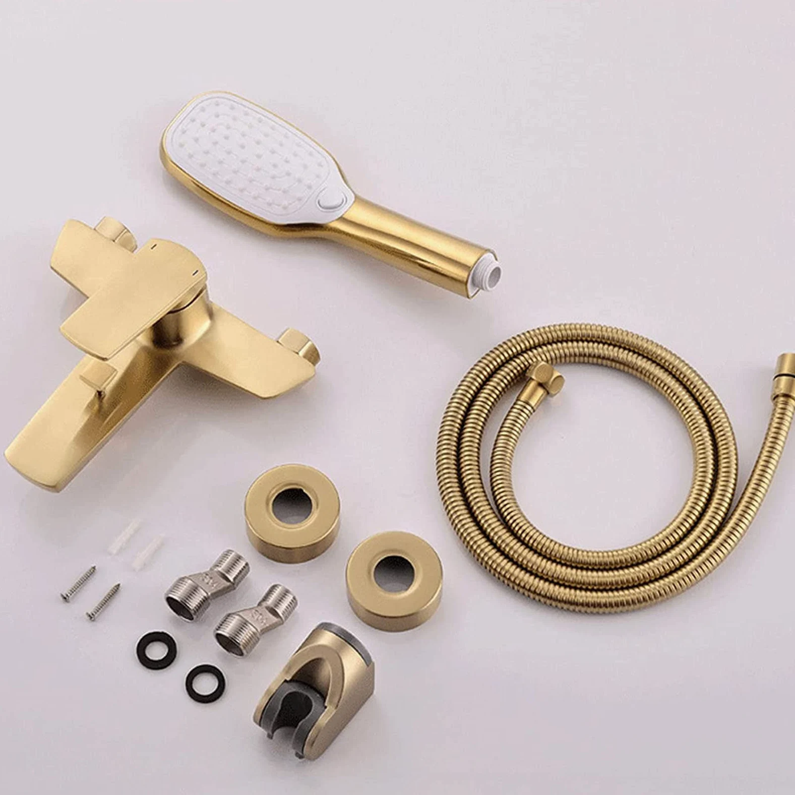 Rubinetto per Vasca da Bagno a Parete, Oro Spazzolato, con doccetta, spruzzatore per Bidet, Miscelatore monocomando, Set Doccia per Bagno, Ottone alla Moda