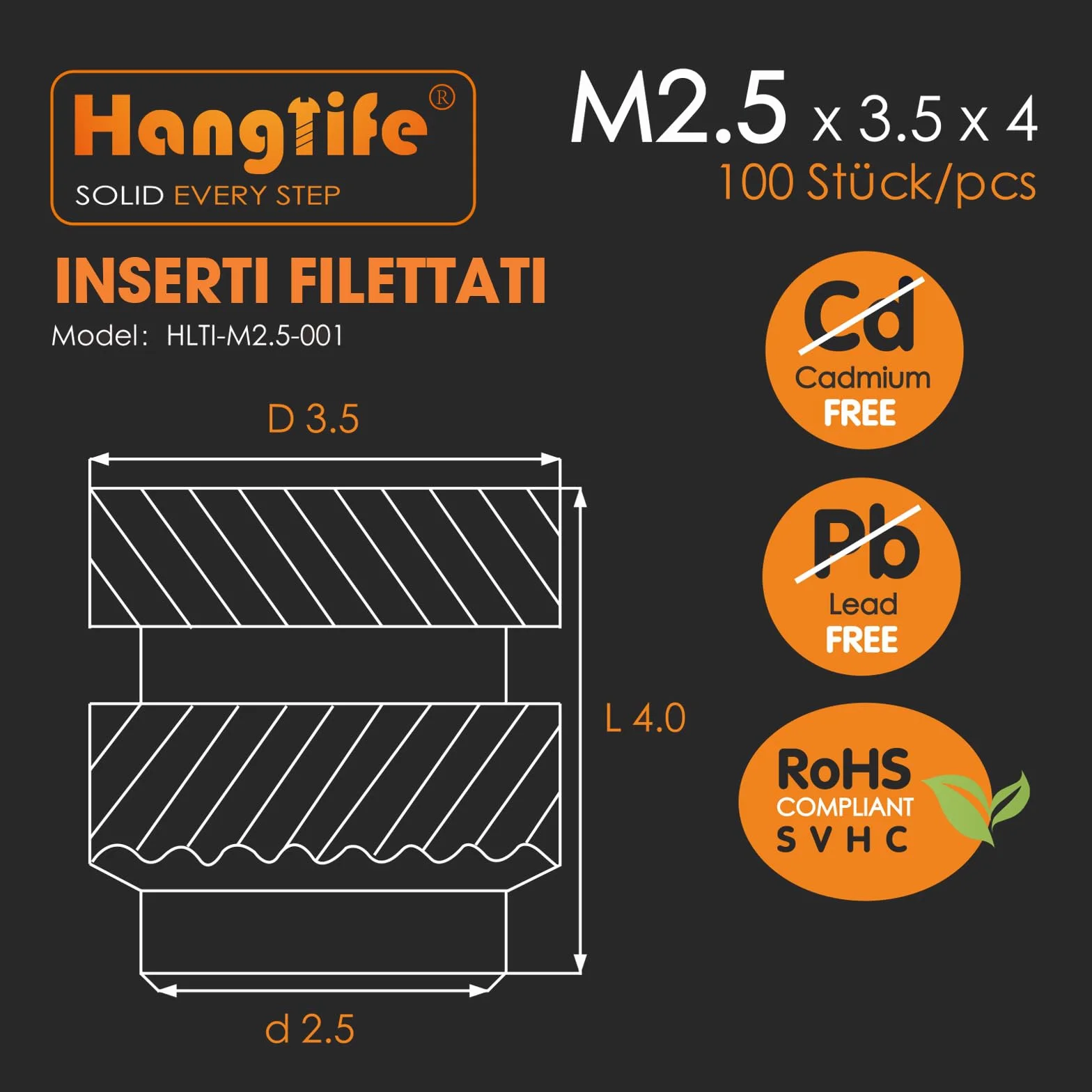 HANGLIFE Inserti Filettati a Caldo, M2.5 Inserto Filettato per Componenti di Stampa 3D e Parti in Plastica - Dadi Scanalati Metrici in Ottone (100 Pezzi)