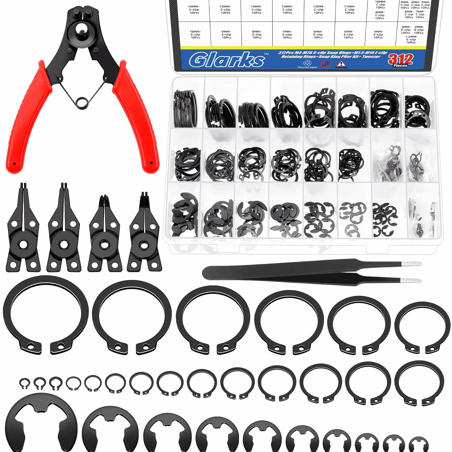 Glarks Assortimento 312 clip fissaggio a scatto acciaio 65mm, pinze anello esterno