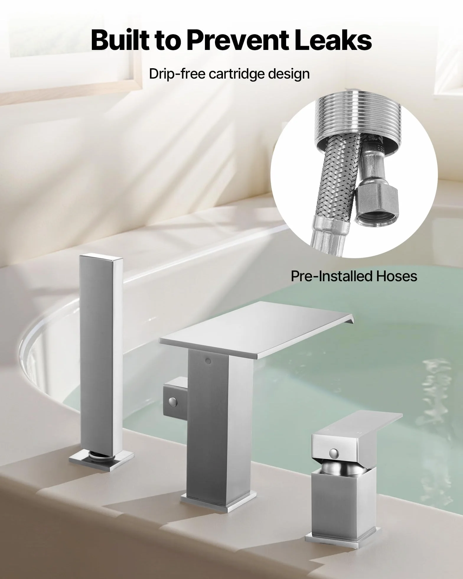 VEVOR Rubinetto per Vasca da Bagno con 3 Fori, Rubinetto con Doccetta 1 Maniglia, Miscelatore da Bagno in Acciaio Inossidabile Spazzolato con Doppia Opzione di Flusso Acqua Calda Acqua Fredda