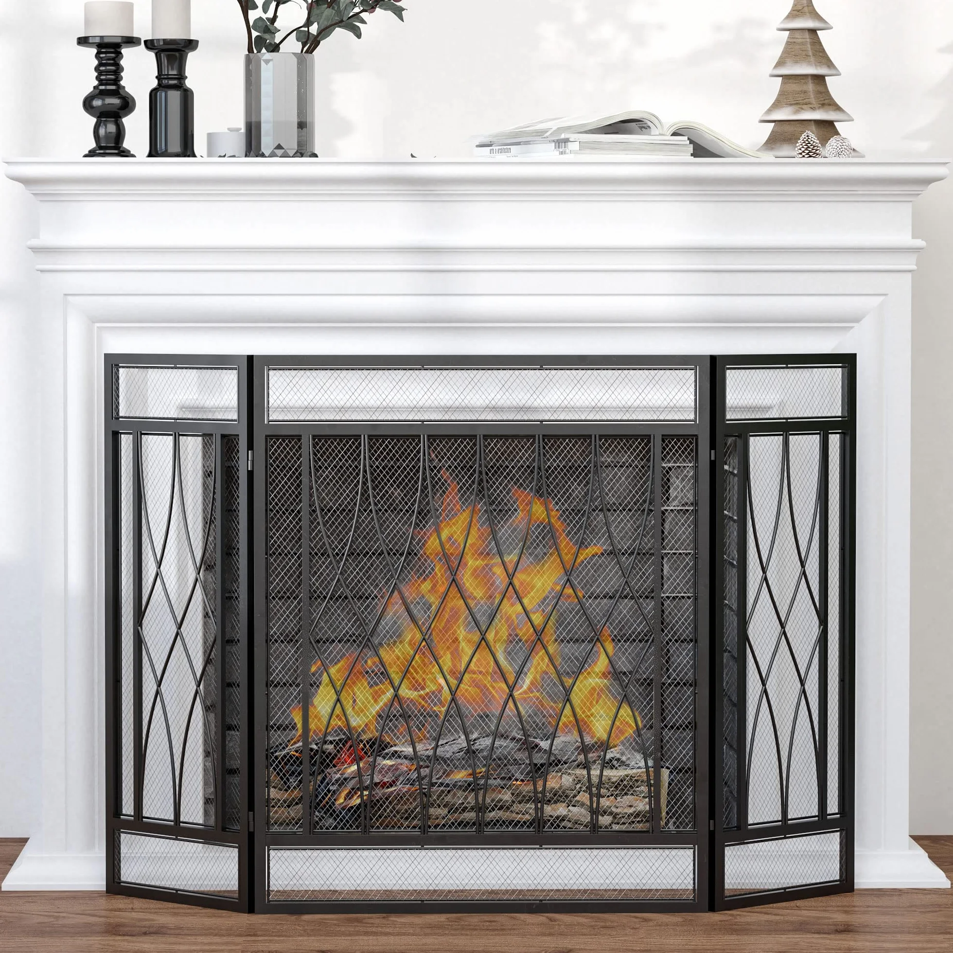 HOMCOM Parafuoco pieghevole a 3 pannelli con cerniere e struttura decorativa in metallo 126x3x80 cm Nero