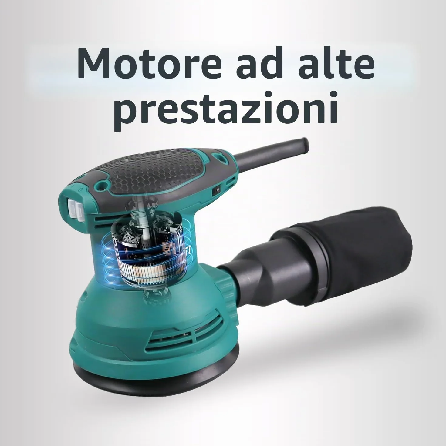 DNT Levigatrice eccentrica 380 W, 125 mm, 6 velocità strumento elettrico professionale, nero e turchese Levigatrice Orbitale per Legno per la levigatura del legno