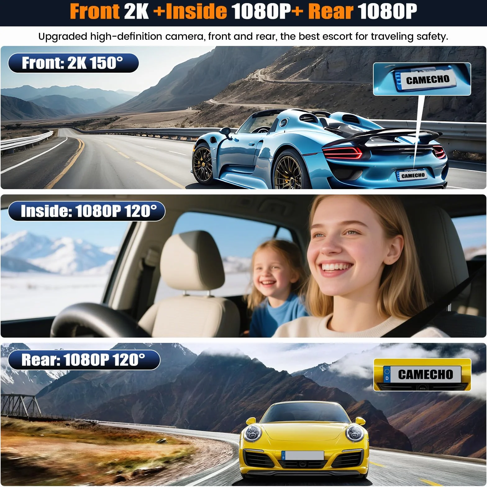 CAMECHO 9.66 Pollici 2K Mirror Dashcam Auto con 2 Telecamere 1080P, Anteriore 150° e Posteriore Dash Cam 120° con Linea inversa, Visione Notturna, Sensore G, Scheda da 64 GB WIFI APP
