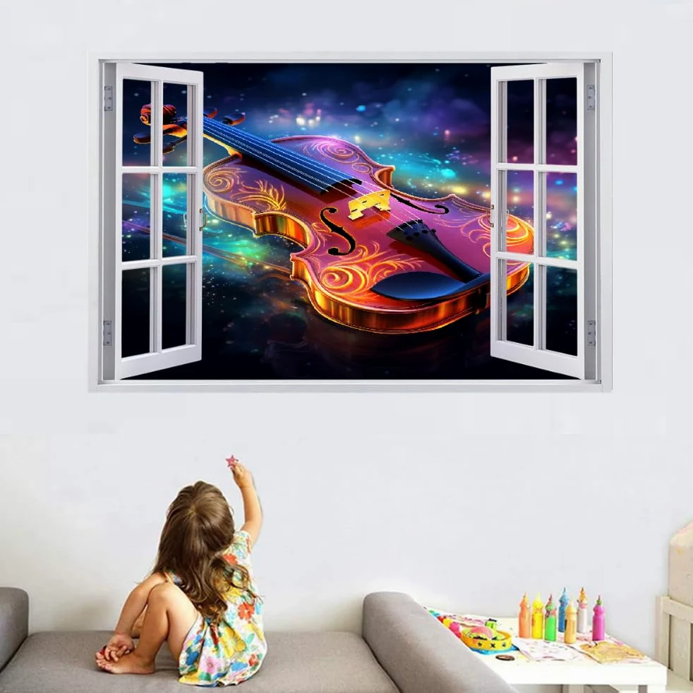 Decalcomanie da muro Art 3D Fracassato Chitarra Adesivi murali removibili Arte Astratta Carta da parati Camera da letto autoadesivo per ragazze Camera da letto Nursery Home Decor Gift