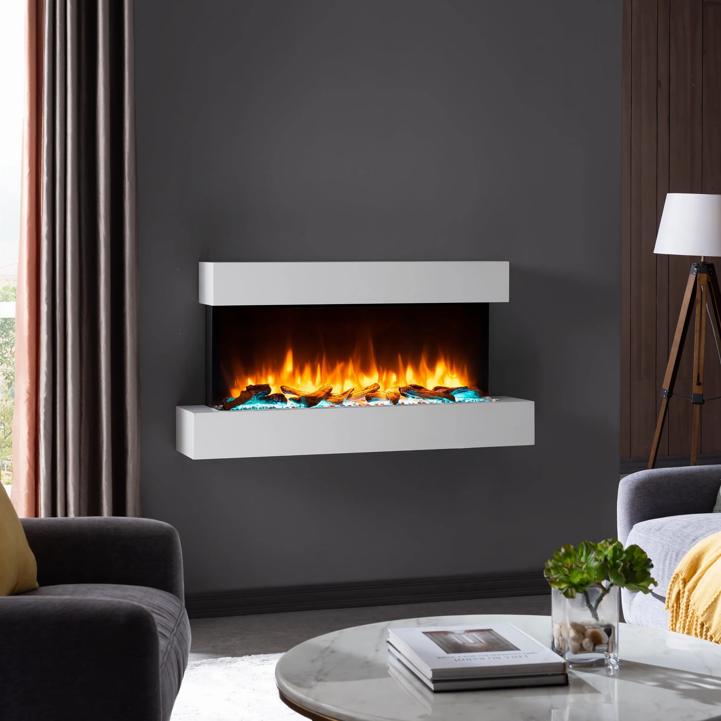 BALDERIA Camino Elettrico da Parete | Caminetto con Effetto Fiamma 3D | Riscaldamento 2000 W | Focolare Sospeso con Telecomando, Timer, Termostato | Bianco