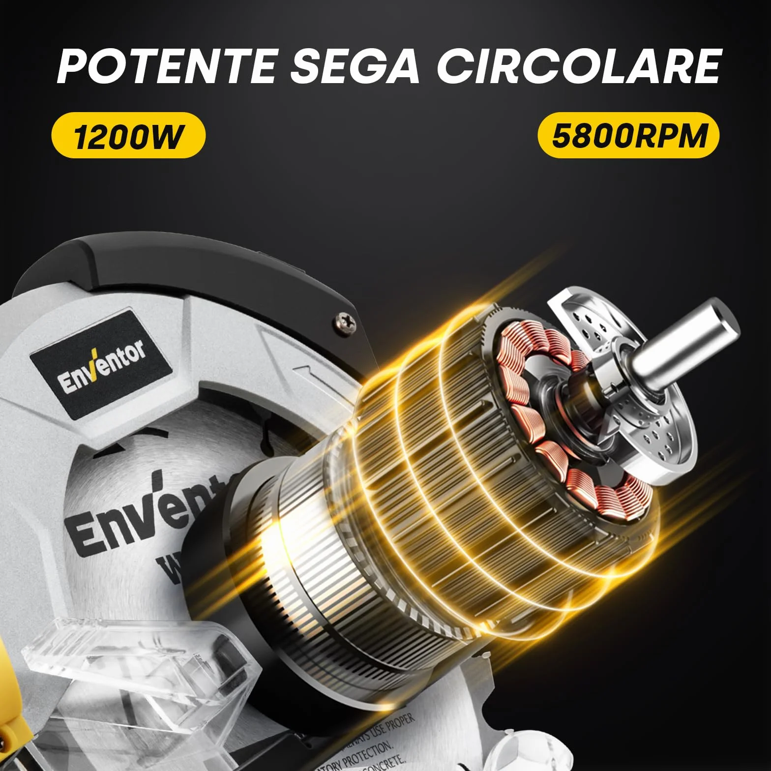 Enventor Sega Circolare 1200W con Guida Laser, per Legno, 2 Lama da 185mm (24T&40T), 5800RPM,Taglio Massima:62mm (90°) e 42mm (45°),Motore Di Rame Puro,Inclusa Guida di Rip