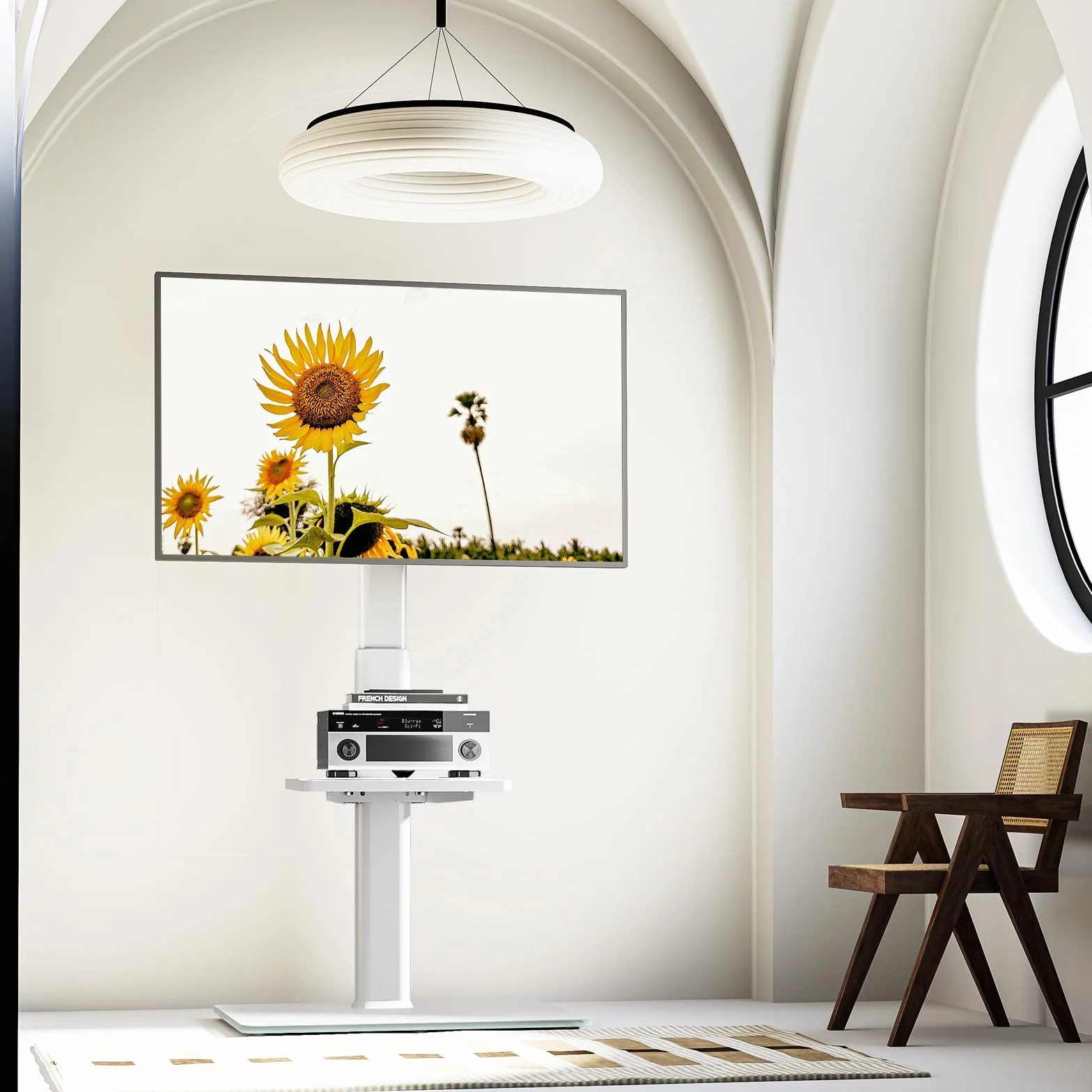 AX2006TW - Supporto universale per TV da pavimento con supporto girevole a 70 gradi, altezza regolabile a 9 livelli, design salvaspazio per la maggior parte dei televisori LCD, LED OLED da 27 a 65