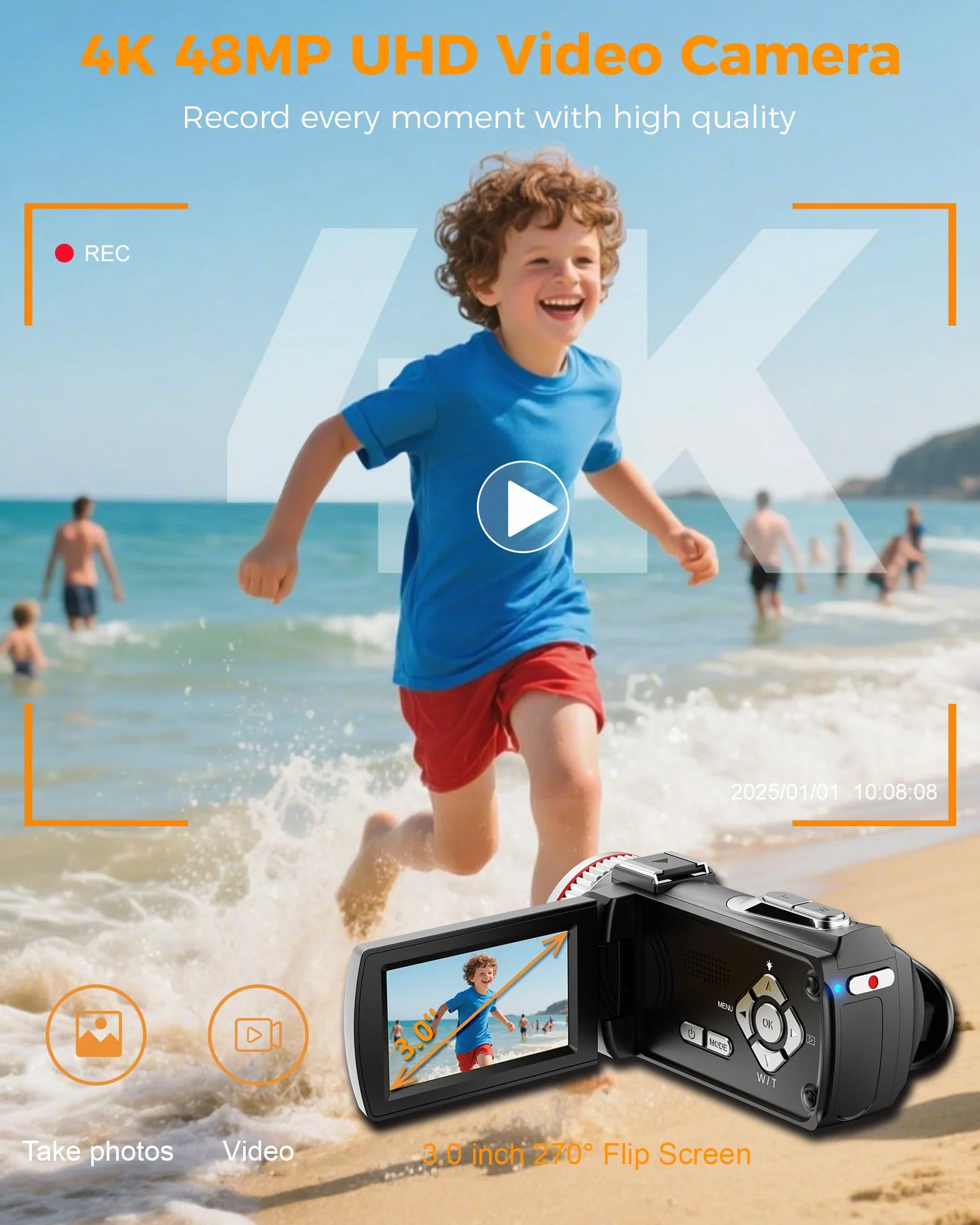Videocamera 4K 48MP Camcorder per YouTube, 21X Zoom Digitale Videocamere, Schermo Rotante 270° 3" Vlog Camera, Video Camera con Scheda TF da 32 GB, Cavo HDMI, Mic, Telecomando, 2 Batterie
