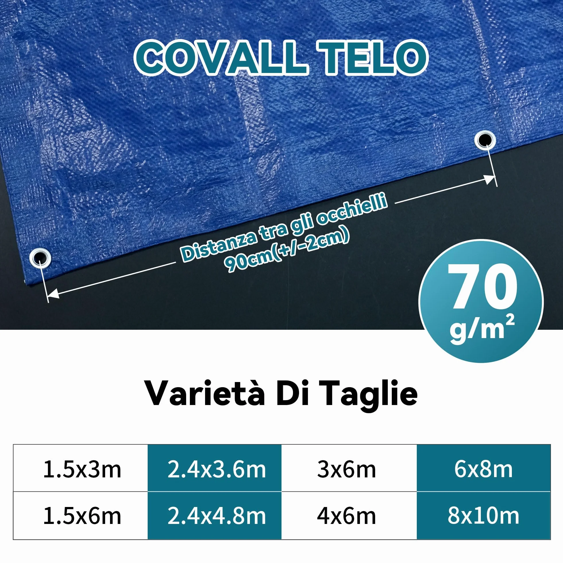 Telone Impermeabile 70g/mq - Telo con Occhielli in Alluminio - Antistrappo per Esterno, Piscina Fuori Terra, Giardino e Campeggio - Copertura Multiuso Blu 2,4x4,8m