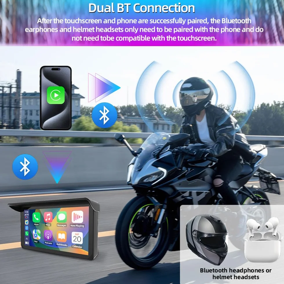 VSYSTO Schermo Carplay per moto, Carplay wireless e Android Auto, touchscreen da 5 pollici, display con indicazione della temperatura e della tensione della batteria,navigazione GPS, assistente vocale