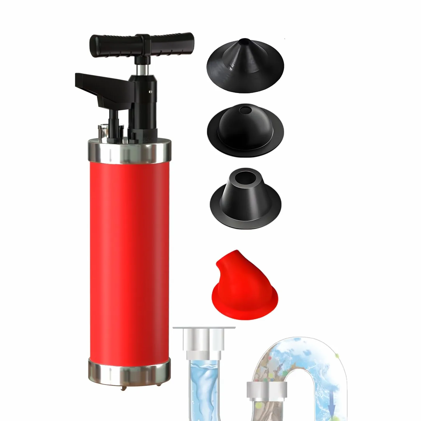Pompa Stura scarichi a Pressione con 4 Teste di Pistone, Stantuffo per WC ad Aria Compressa con Barometro, Sturalavandino ad Aria Compressa, per WC, Lavandino, Bagno