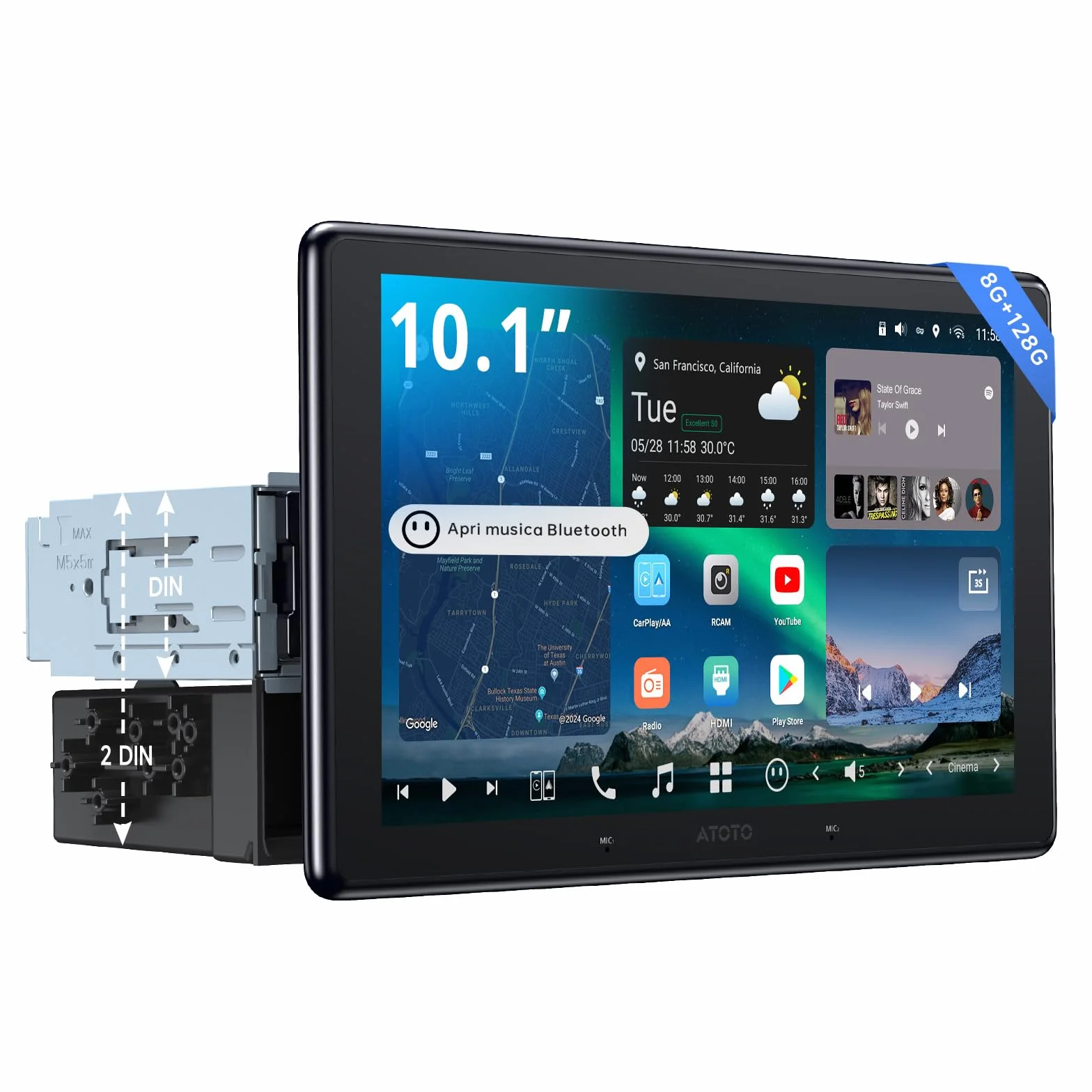 ATOTOZONE X10 10" Autoradio Android, Schermo Flottante, 1 DIN / 2 DIN, AI Agent & AI Vision, LiveView Re-moto, Sorveglianza Parcheggio, 4G LTE, 8G+128G, Audio 7.1.2 ch,CarPlay & Android Auto Wireless