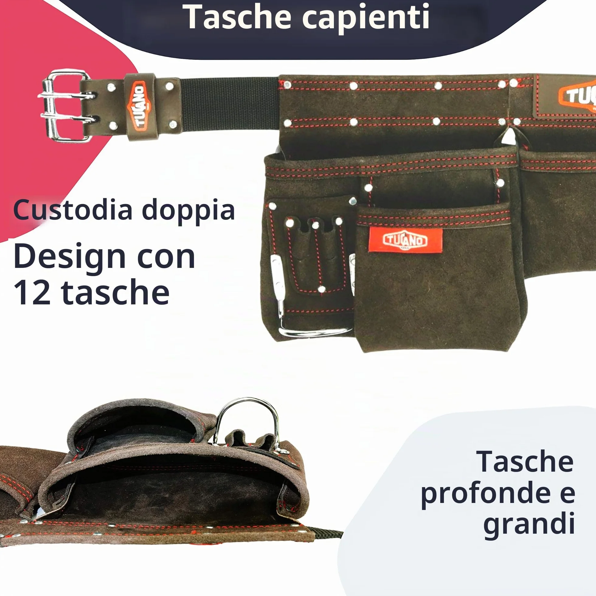 Cintura in pelle portautensili 12 tasche S-XXL per corniciai falegnami elettricisti