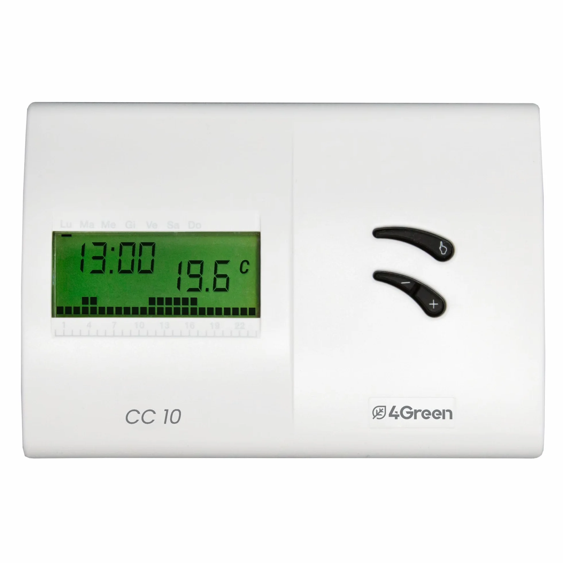 4GREEN CC 10B – Cronotermostato Digitale con Programmazione Settimanale, Termostato per Riscaldamento e Condizionamento Alimentato a Batterie, Montaggio a Parete, Display LCD, Bianco