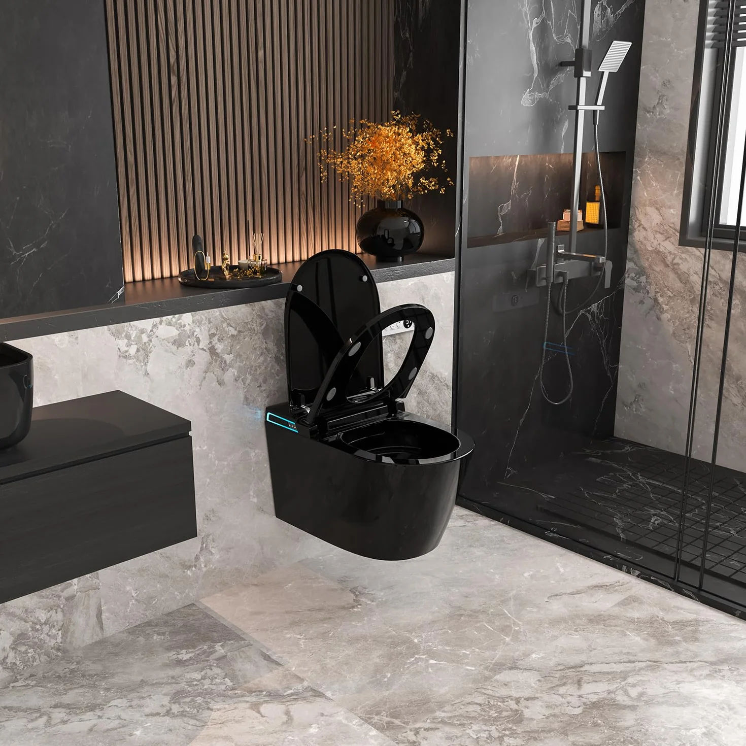 Smart WC nero da appendere alla parete, scarico automatico, coperchio con apertura e chiusura automatica, sedile riscaldato, acqua calda/asciugatrice, moderno bidet allungato con supporto a