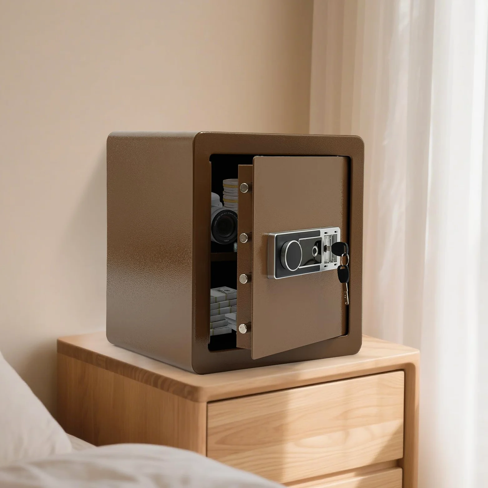 Cassaforte Biometrica 45 L Cassaforte di sicurezza con impronte digitali in acciaio, ripiano rimovibile, chiave di emergenza inclusa, 16 impronte per casa e ufficio (caffè dorato)