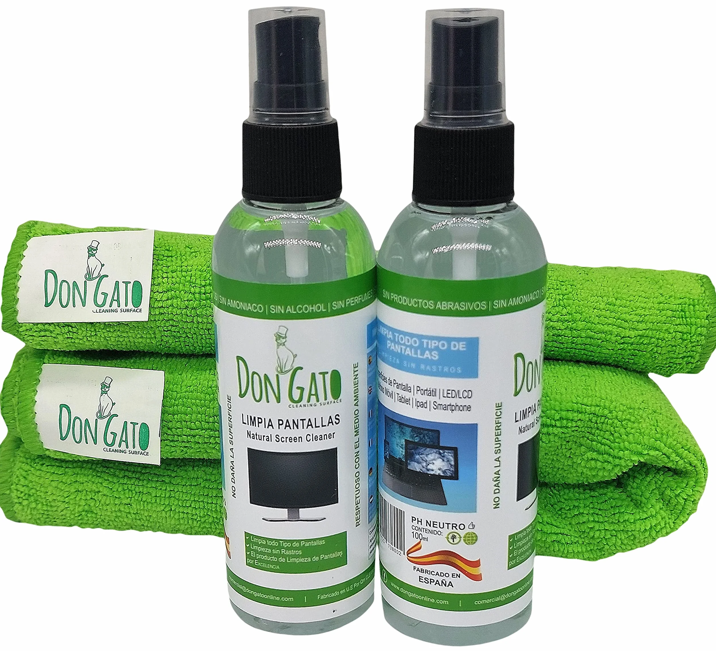 Don Gato – pulizia dello schermo (100ml x 2) + 2 panno in microfibra per TV, Tablet, Computer portatile, LCD, LED, telefono cellulare. Prodotti naturali e rispettoso dell'ambiente.