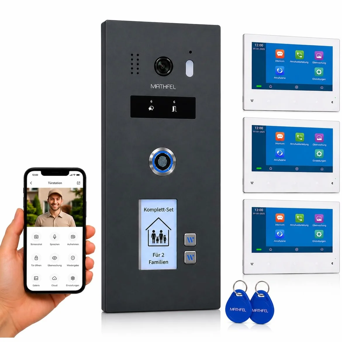 Videocitofono WLAN 2 famiglie, IP65, monitor da 7 pollici, telecamera HD 130°, memoria foto/video, switch PoE