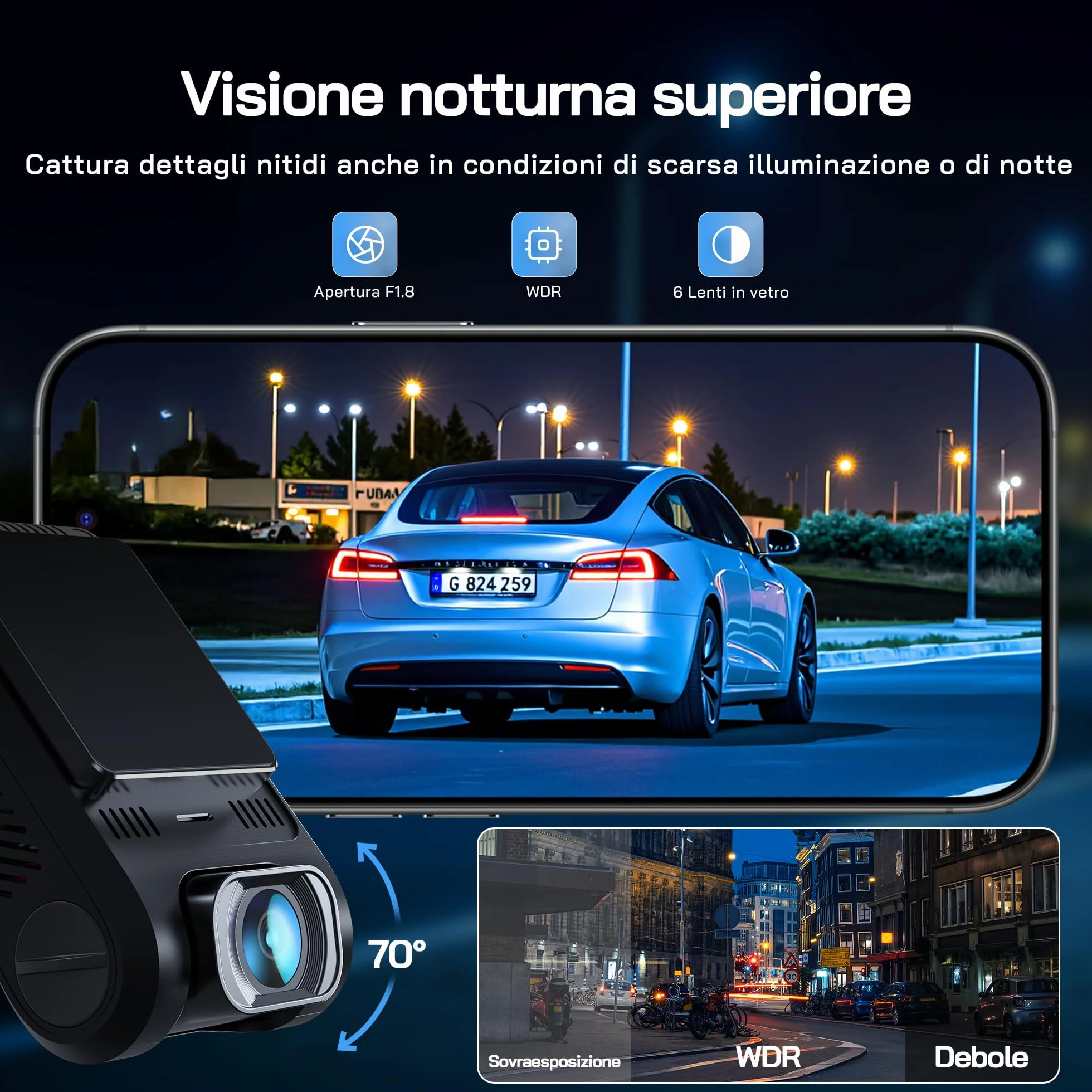 WOLFANG Dash Cam Auto 1440P, WiFi Dashcam per Auto con Scheda SD 32G, Telecamera Auto 170° Grandangolo, Visione Notturna,G-Sensor, WDR, Monitor di Parcheggio, Registrazione in Loop