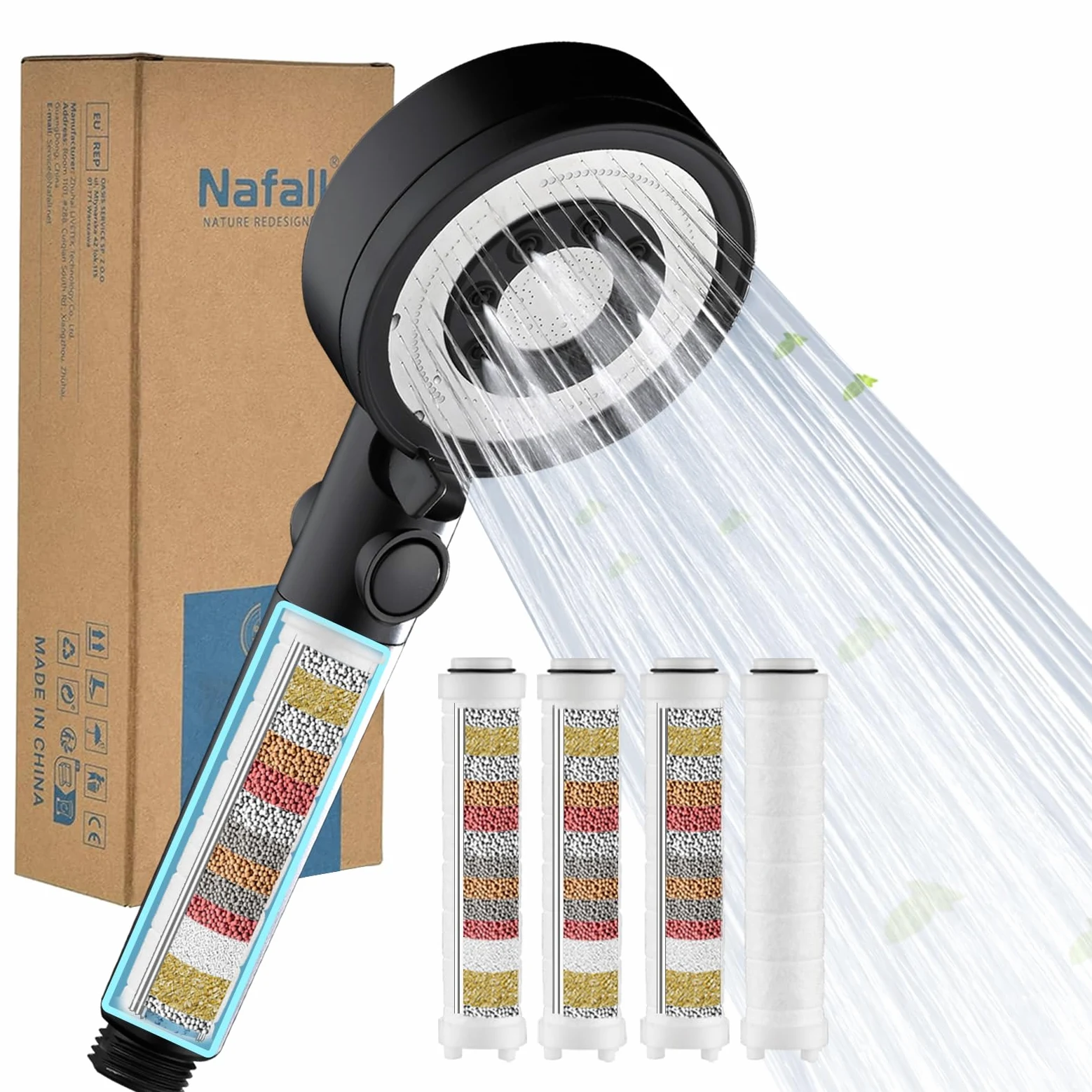Soffione Doccia Nero Alta Pressione con 4 PP Filtro, 5 Modi | Doccino doccia alta pressione filtra cloro residuo, batteri, metalli pesanti altro, universale g1/2, funzione arresto