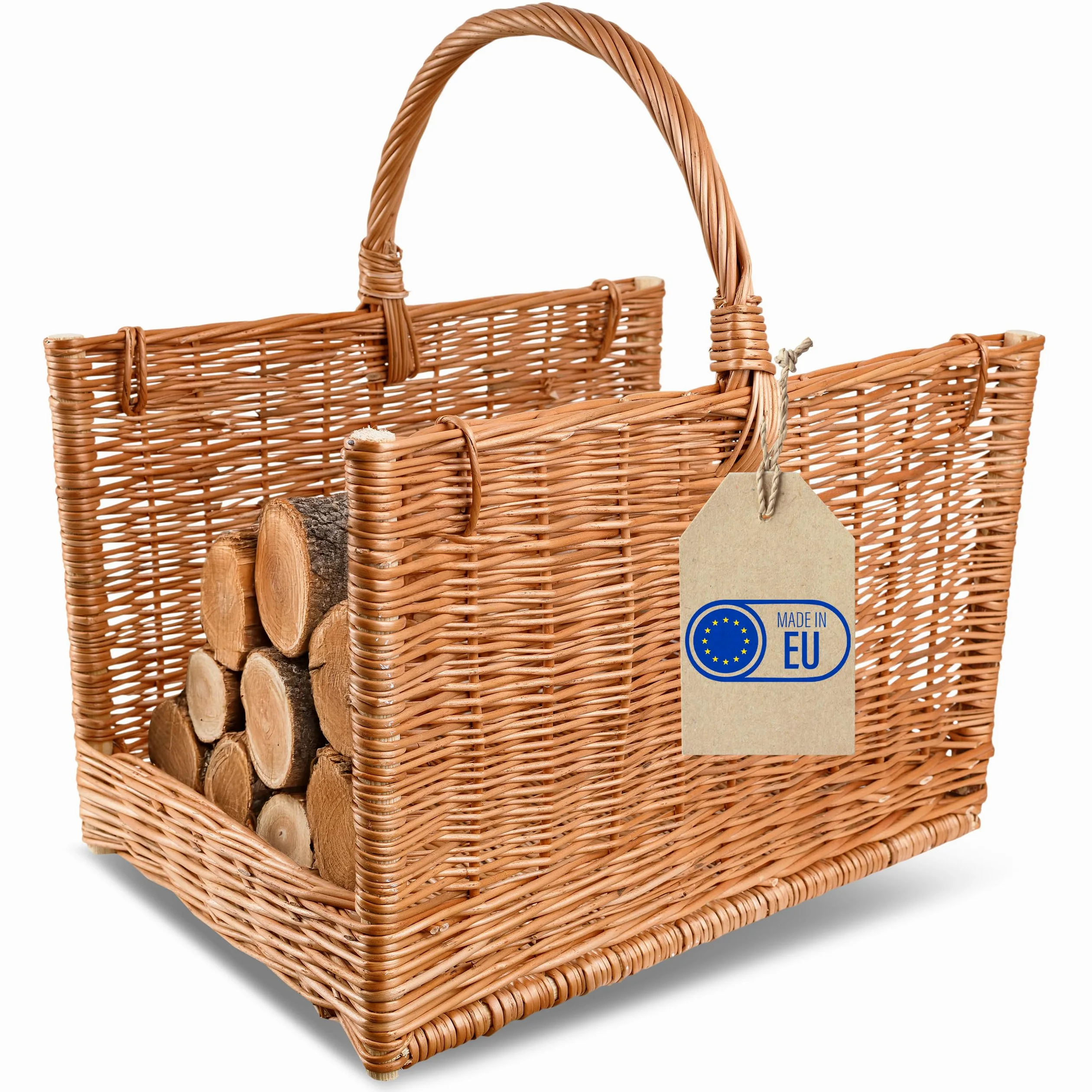 Creative Home Cesto Portalegna da Interno con Manico, Porta Legna in Vimini | Grande Cesto Vimini Rettangolare 50x34x50 cm Leggero | Intrecciato a Mano | Salice Naturale | Multiuso