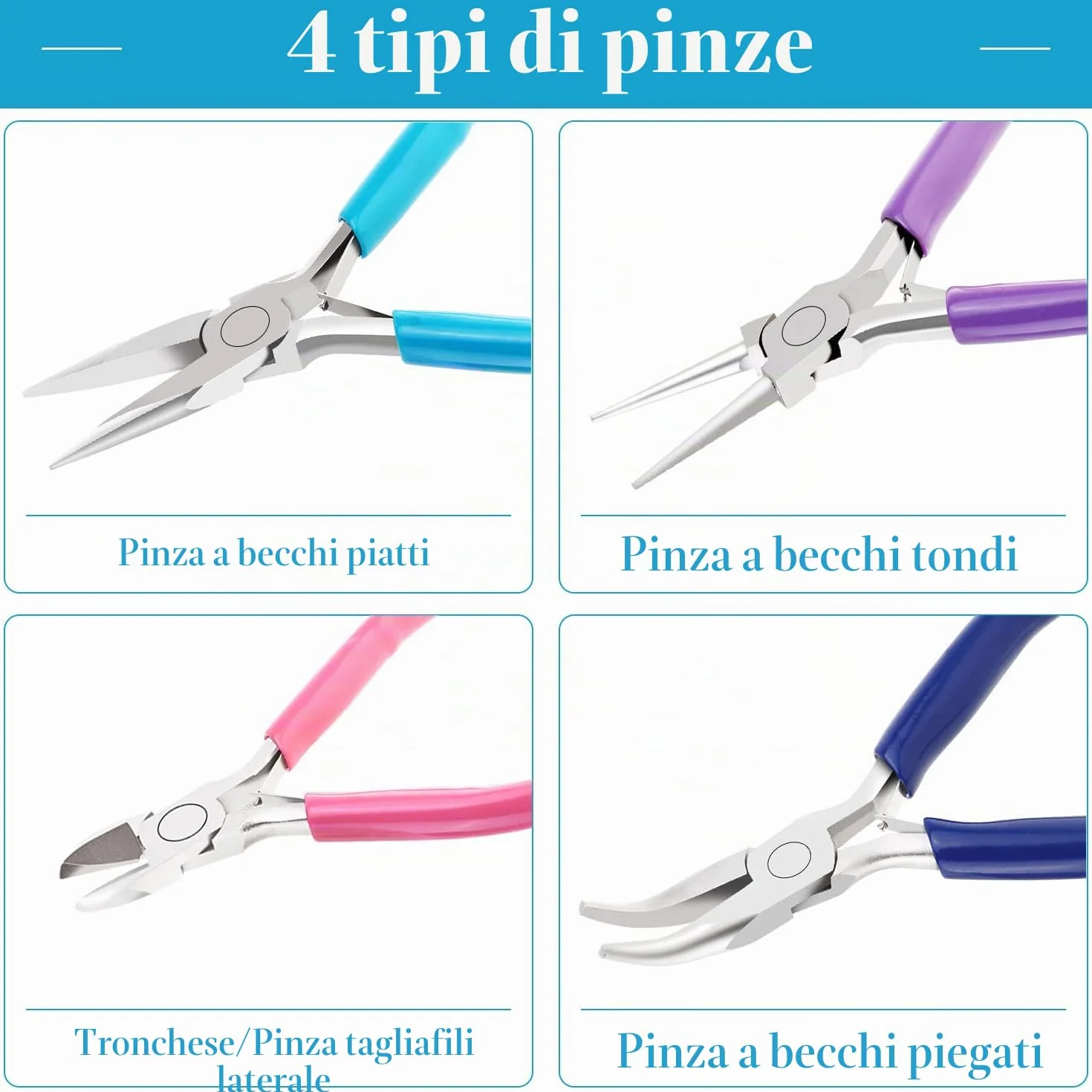 Shynek Set 4 Pinze per Gioielli: Naso a Catena, Rotonde, Tagliafili, Becco Piegato