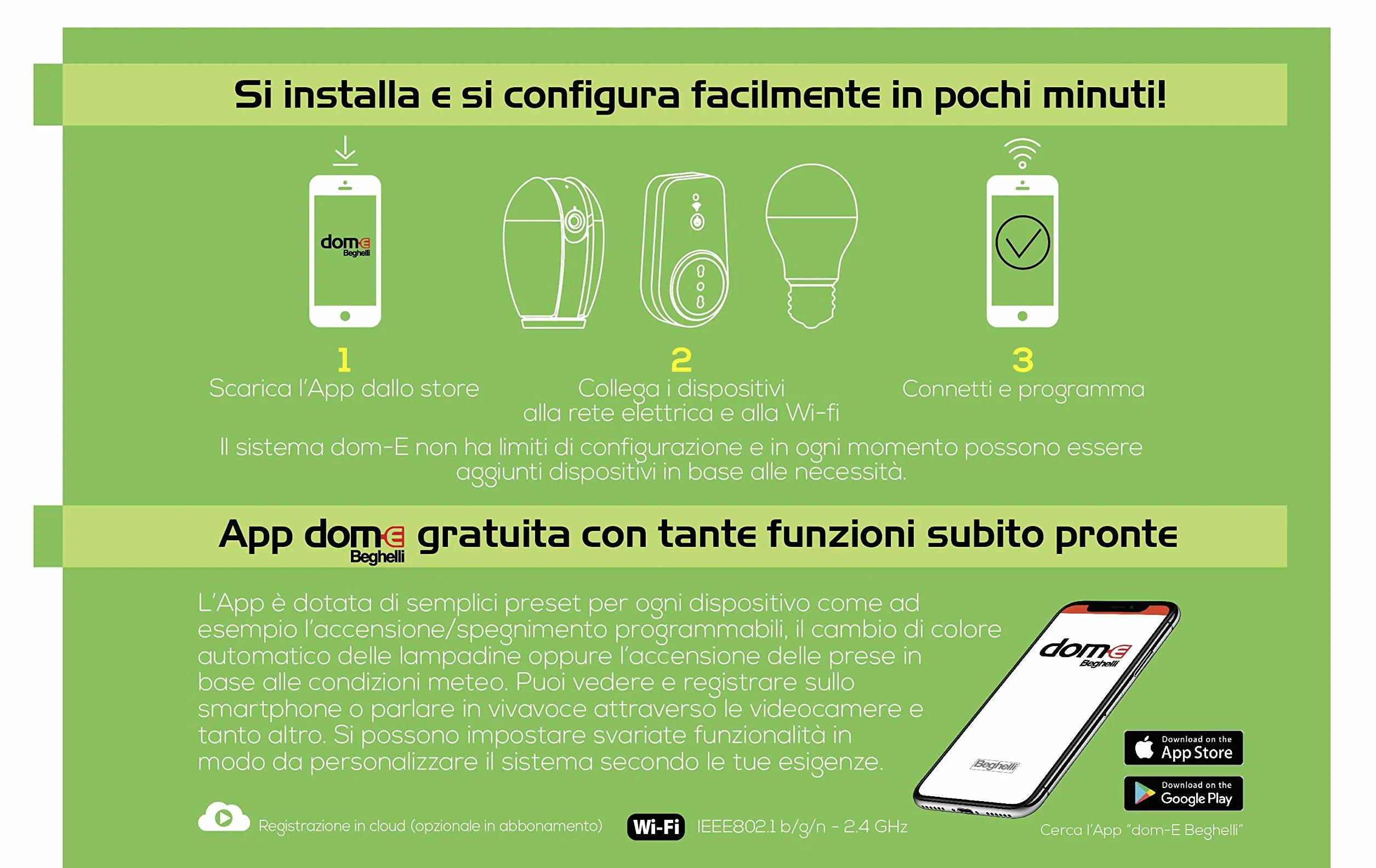 Beghelli - Telecamera Wifi Esterno FullHD, Batteria Ricaricabile, Videocamera Sorveglianza con Sensore Movimento, Visione Notturna, Ottica Grandangolo 130°, Dom-e, Compatibile con Alexa e Google Home