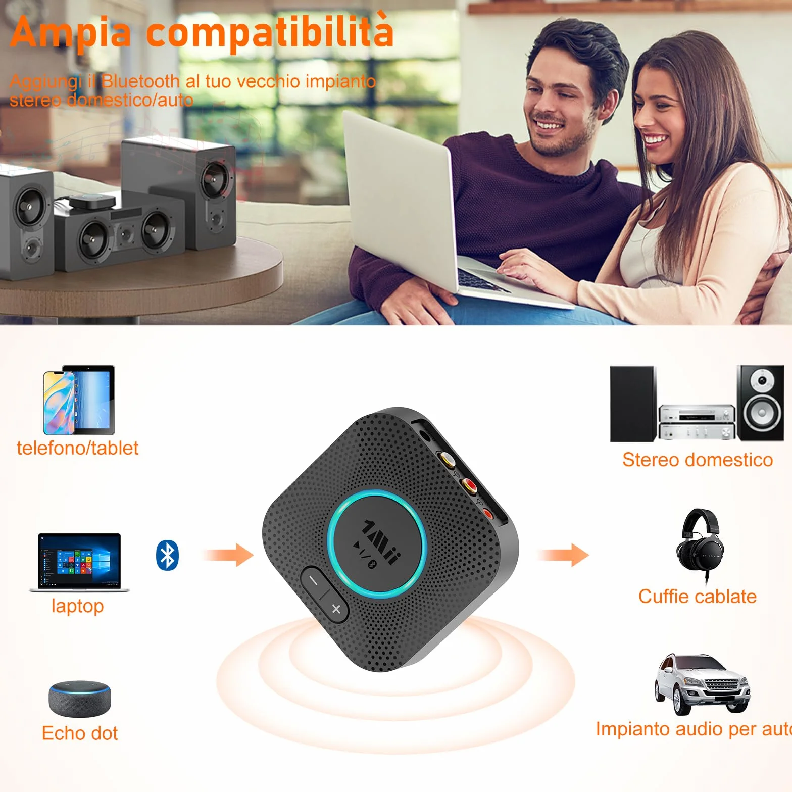1Mii Ricevitore Bluetooth 5.3 HiFi, Adattatore Audio Bluetooth con Controllo Volume, Jack AUX e RCA aptX HD/Bassa Latenza Musica Wireless per Casse Attive, Impianto Stereo, Amplificatore, Lungo Raggio